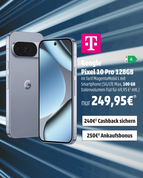 Google Pixel 10 Pro 128GB Angebot mit Telekom MagentaMobil L Tarif und 100GB Datenvolumen.