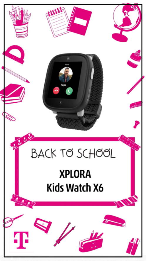 Kinder Smartwatch XPLORA X6 für den Schulstart, beworben mit Schulmotiven und Telekom-Logo.
