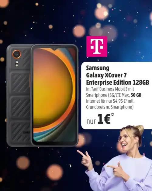 Samsung Galaxy XCover 7 Enterprise Edition mit Telekom Logo und Angebotstarif beworben.
