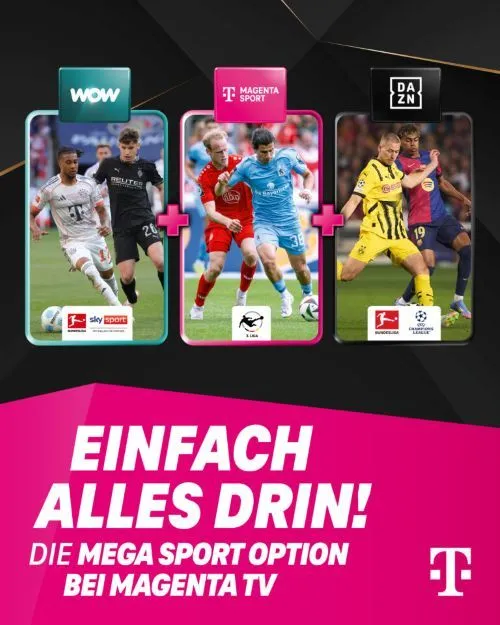 Werbebild für MagentaTV zeigt Sportpakete von WOW, MagentaSport und DAZN mit Fußball.